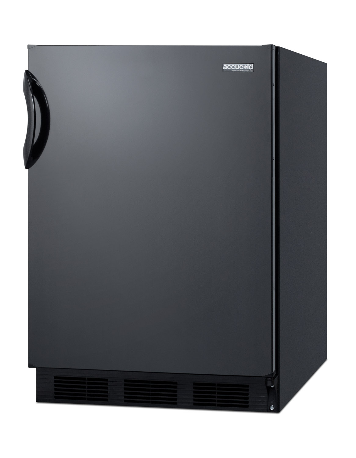 Commercially listed freestanding all-refrigerator for general purpose use, with flat door liner, automatic defrost operation and black exterior